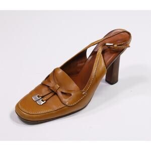 Prada Tan Leather Heeled Slingback Pumps Loafers Tassel Women's Eu 39 US 9